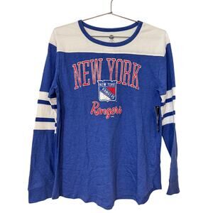 New York Rangers Womens Small Long Sleeve Shirt Blue NHL Graphic Striped Sleeves